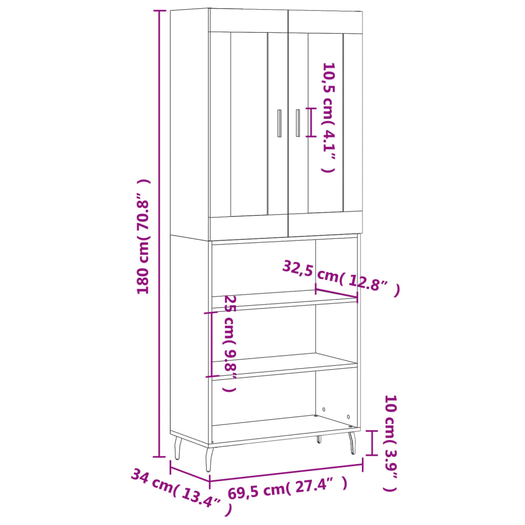 vidaXL Highboard Smoked Oak 69.5x34x180 cm Engineered Wood