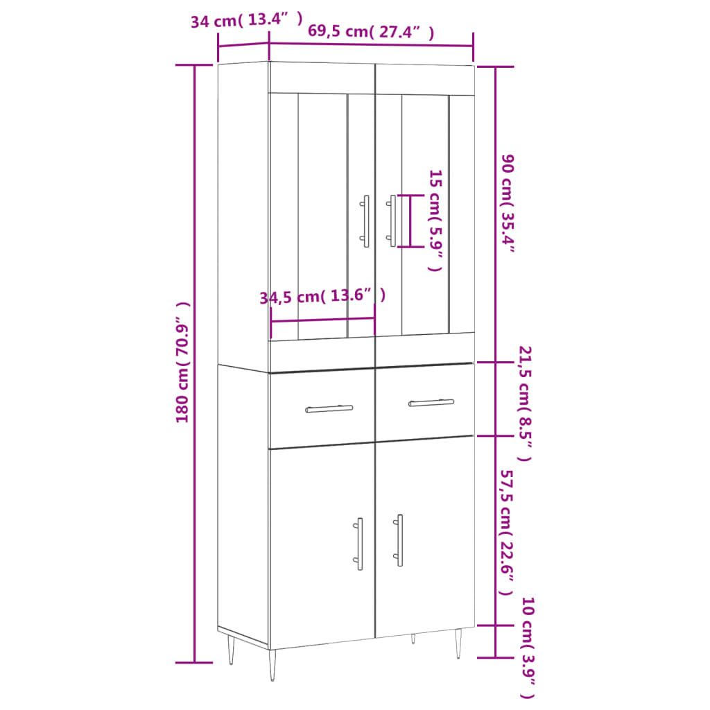 vidaXL Highboard High Gloss White 69.5x34x180 cm Engineered Wood