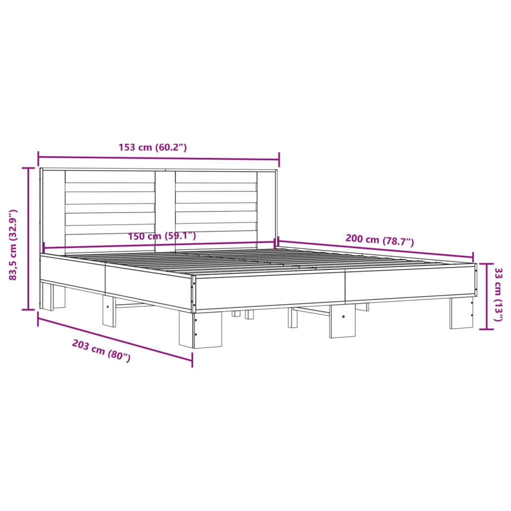 vidaXL Bed Frame without Mattress Grey Sonoma 150x200 cm King Size