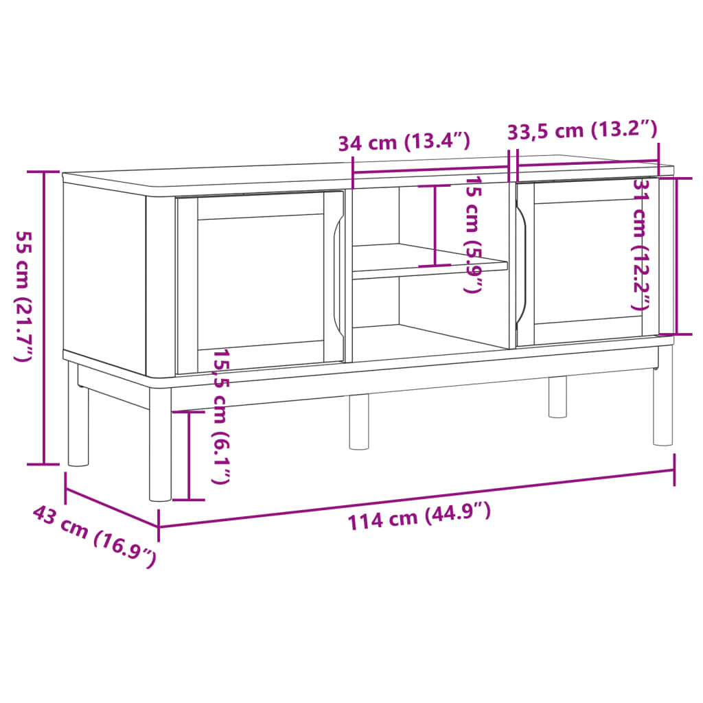 vidaXL TV Cabinet FLORO White 114x43x55 cm Solid Wood Pine