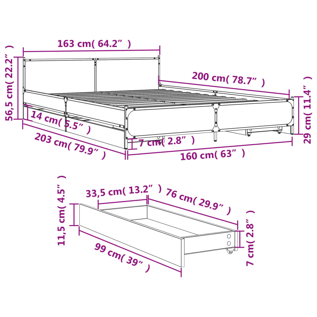 vidaXL Bed Frame with Drawers without Mattress Grey Sonoma 160x200 cm