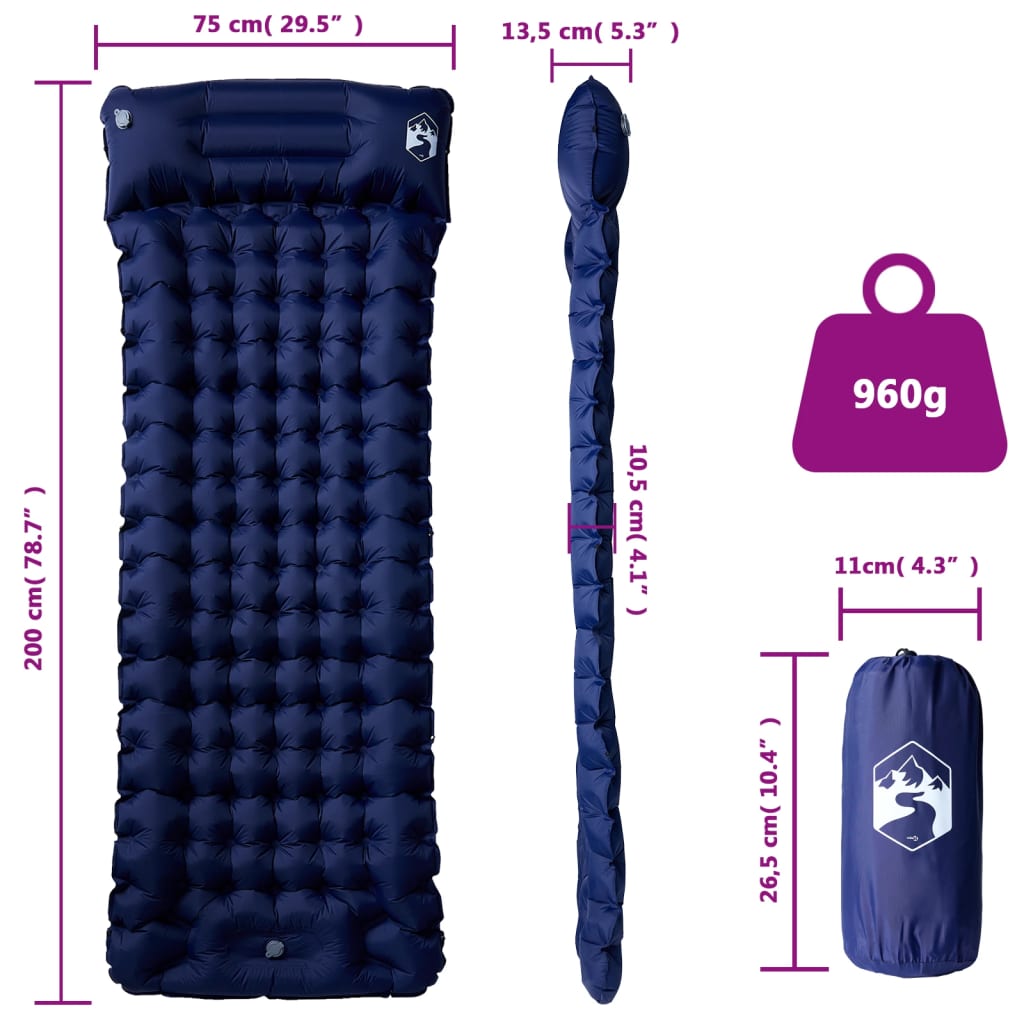 vidaXL Self Inflating Camping Mattress with Pillow 1-Person Navy Blue