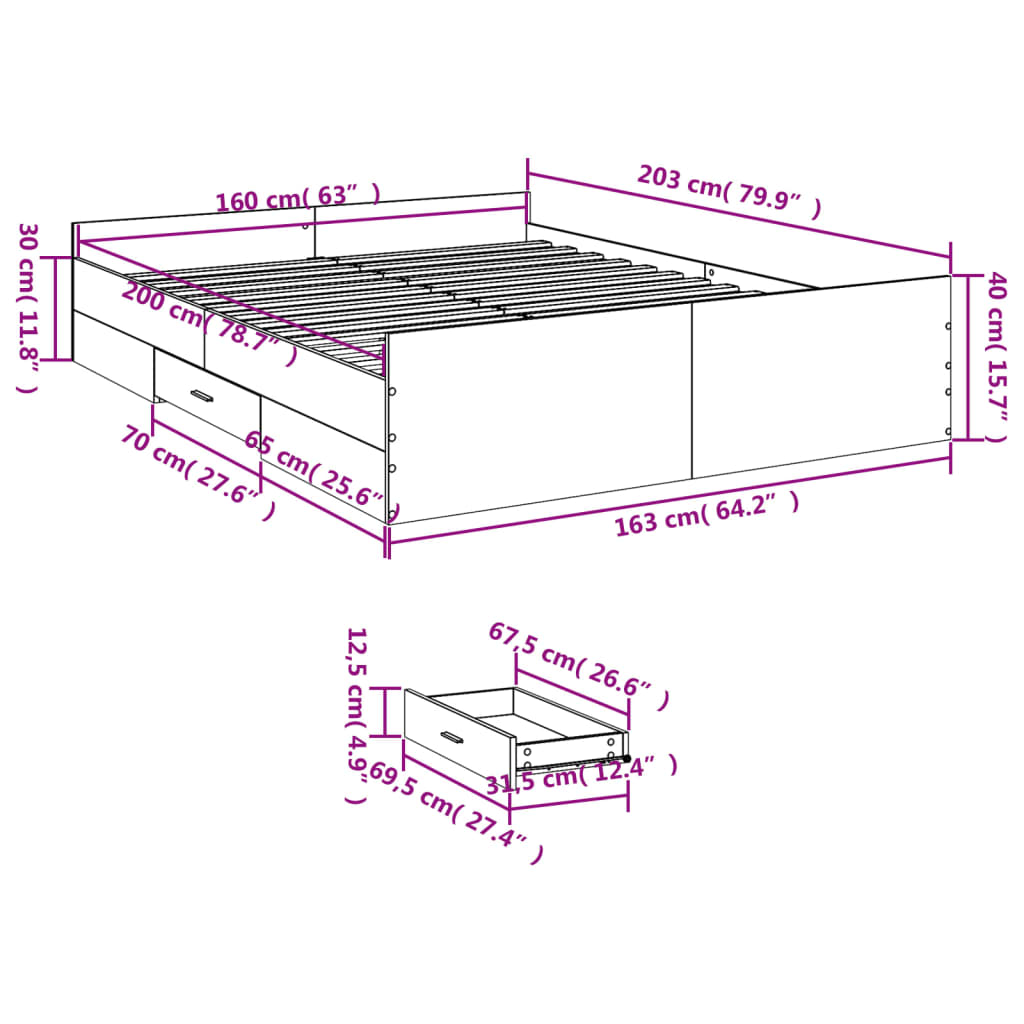 vidaXL Bed Frame with Drawers without Mattress Sonoma Oak 160x200 cm