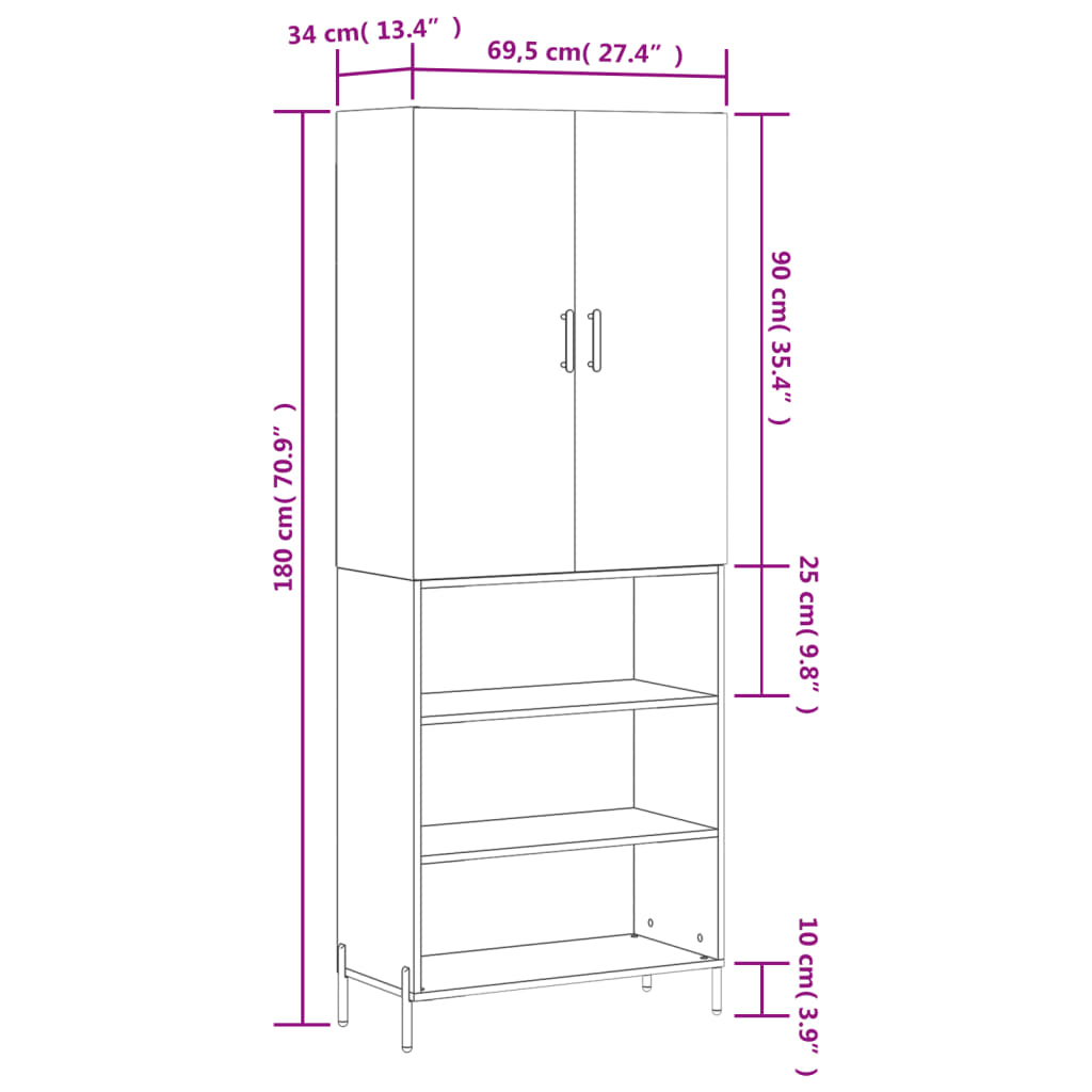 vidaXL Highboard White 69.5x34x180 cm Engineered Wood