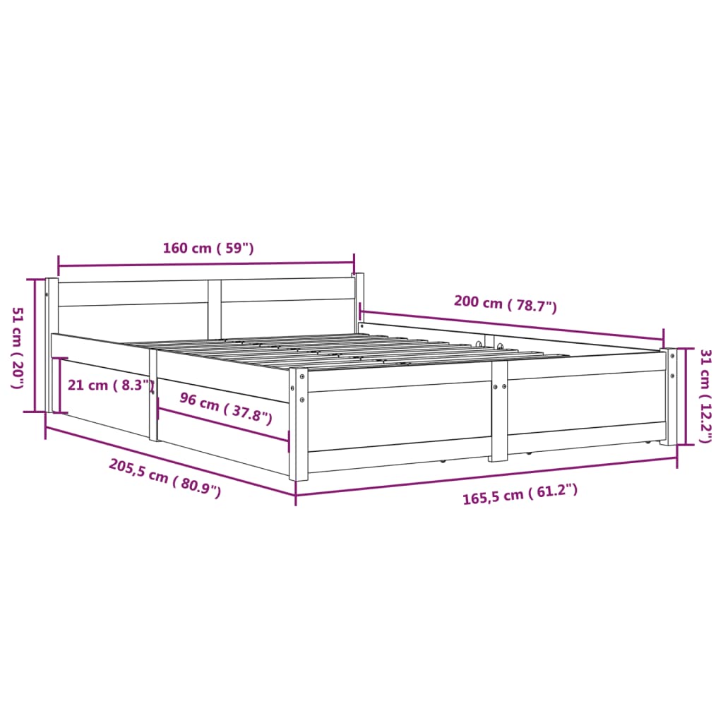 vidaXL Bed Frame without Mattress with Drawers 160x200 cm