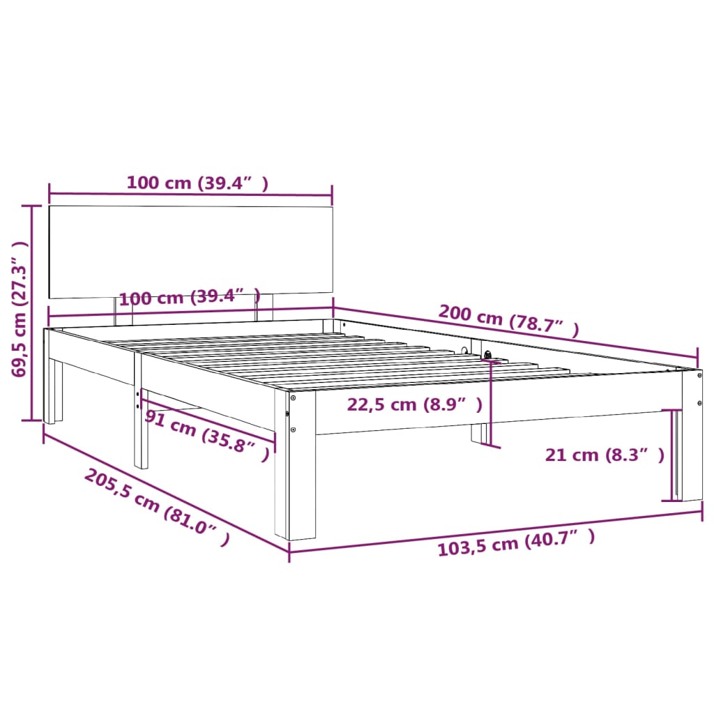 vidaXL Bed Frame without Mattress Grey Solid Wood Pine 100x200 cm