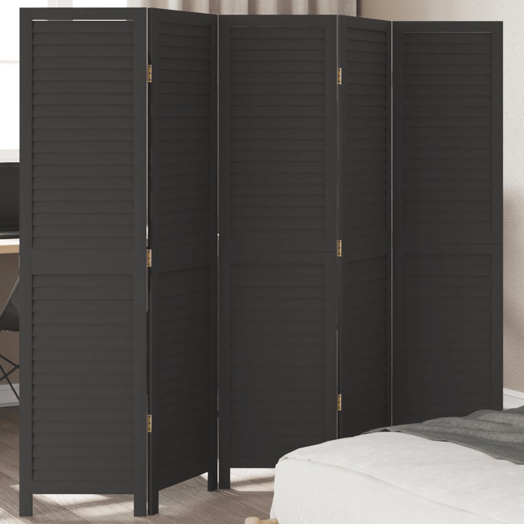 vidaXL Room Divider 5 Panels Black Solid Wood Paulownia