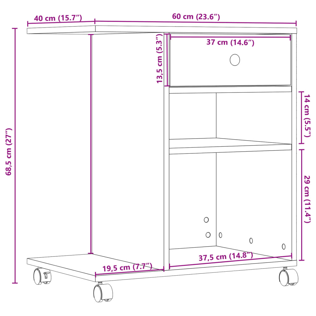 vidaXL Printer Stand with Wheels Brown Oak 60x40x68.5 cm