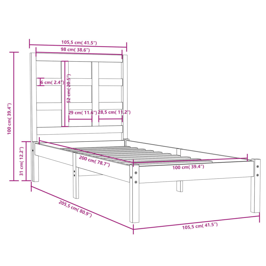 vidaXL Bed Frame without Mattress 100x200 cm Solid Wood