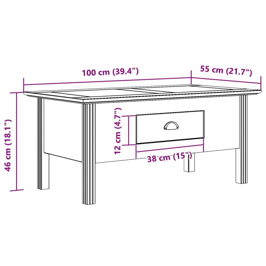 vidaXL Coffee Table BODO White 100x55x45 cm Solid Wood Pine