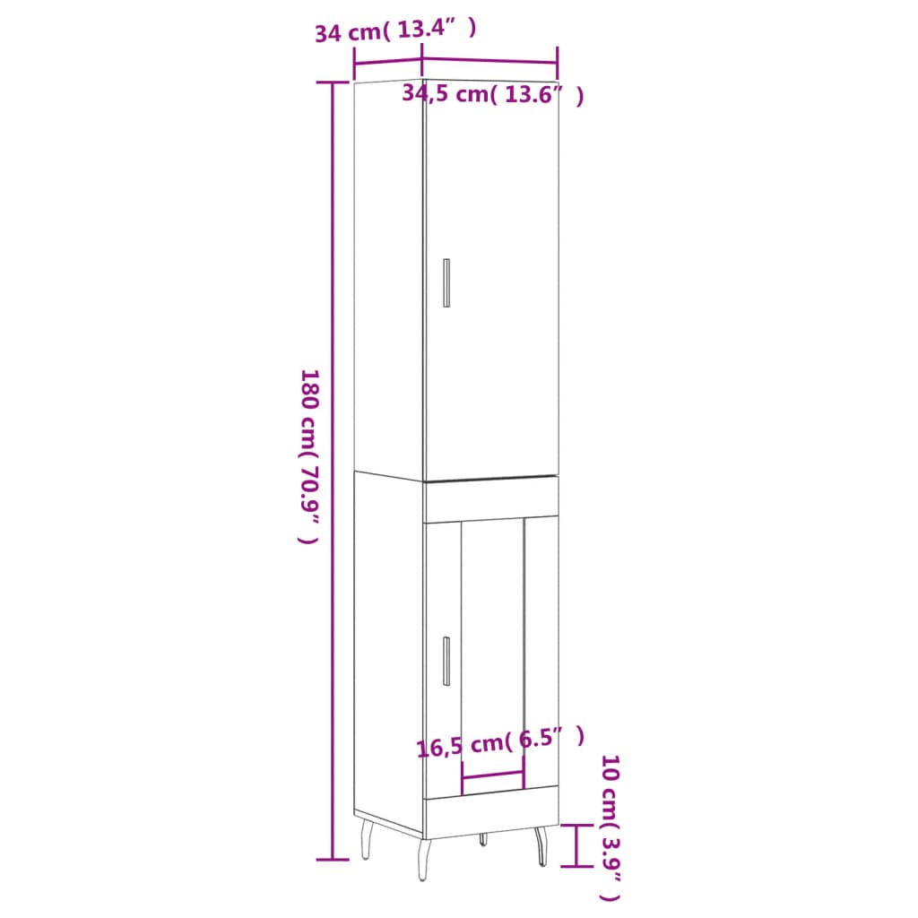 vidaXL Highboard White 34.5x34x180 cm Engineered Wood