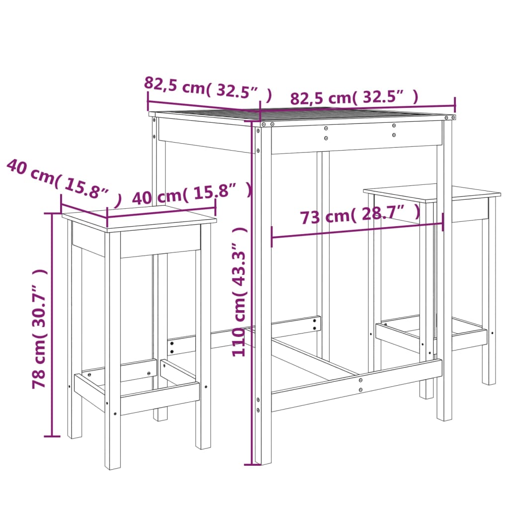 vidaXL 3 Piece Garden Bar Set Honey Brown Solid Wood Pine