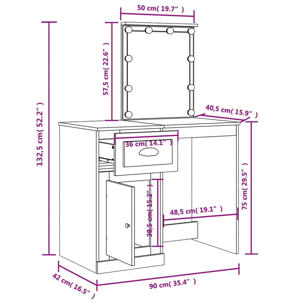 vidaXL Dressing Table with LED Lights Sonoma Oak 90x42x132.5 cm