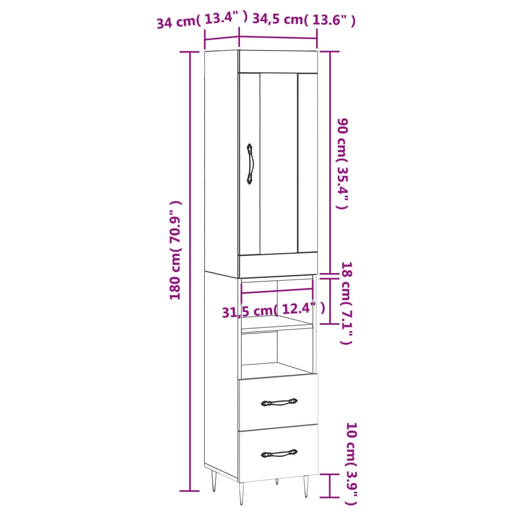 vidaXL Highboard High Gloss White 34.5x34x180 cm Engineered Wood