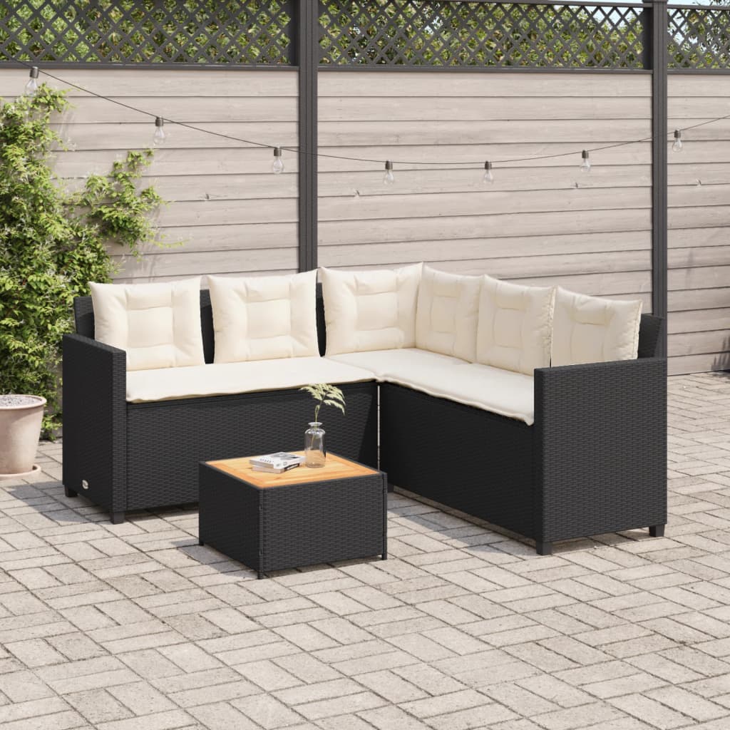 vidaXL Garden Sofa with Table and Cushions L-shaped Black Poly Rattan