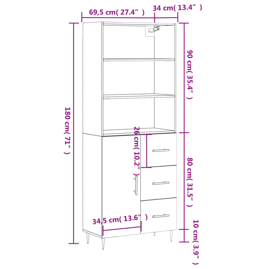 vidaXL Highboard Brown Oak 69.5x34x180 cm Engineered Wood