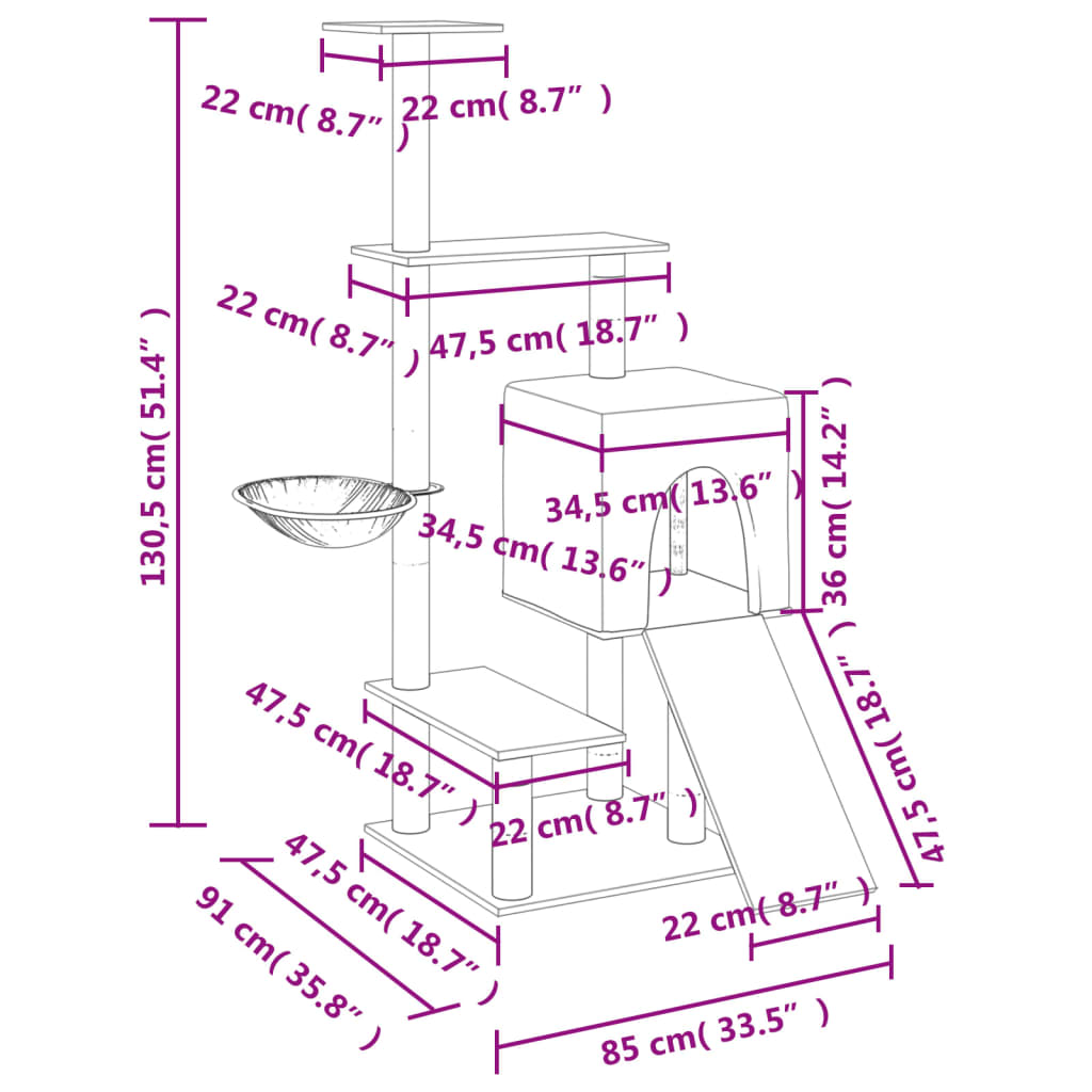 vidaXL Cat Tree with Sisal Scratching Posts Cream 130.5 cm