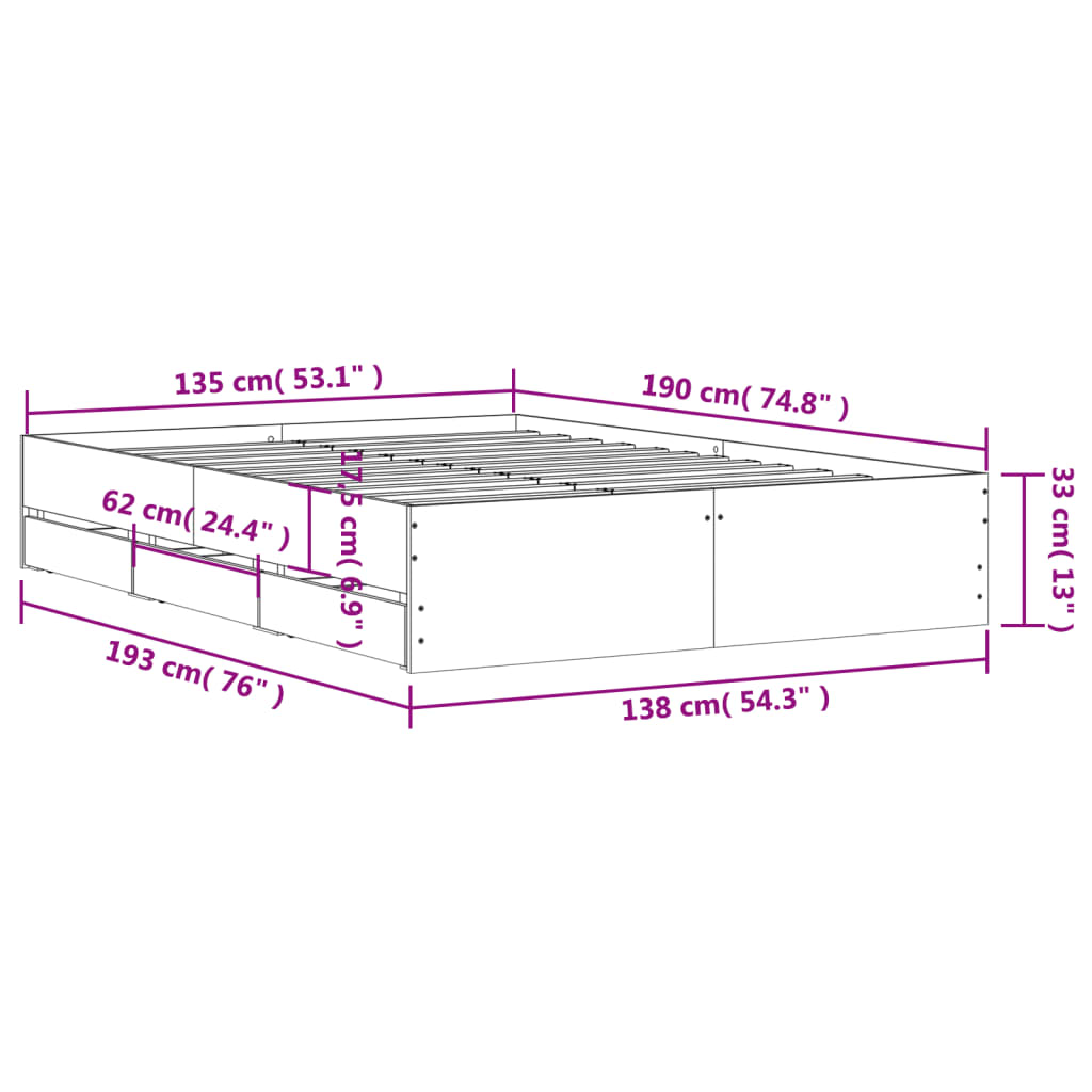 vidaXL Bed Frame with Drawers without Mattress Grey Sonoma 135x190 cm Double