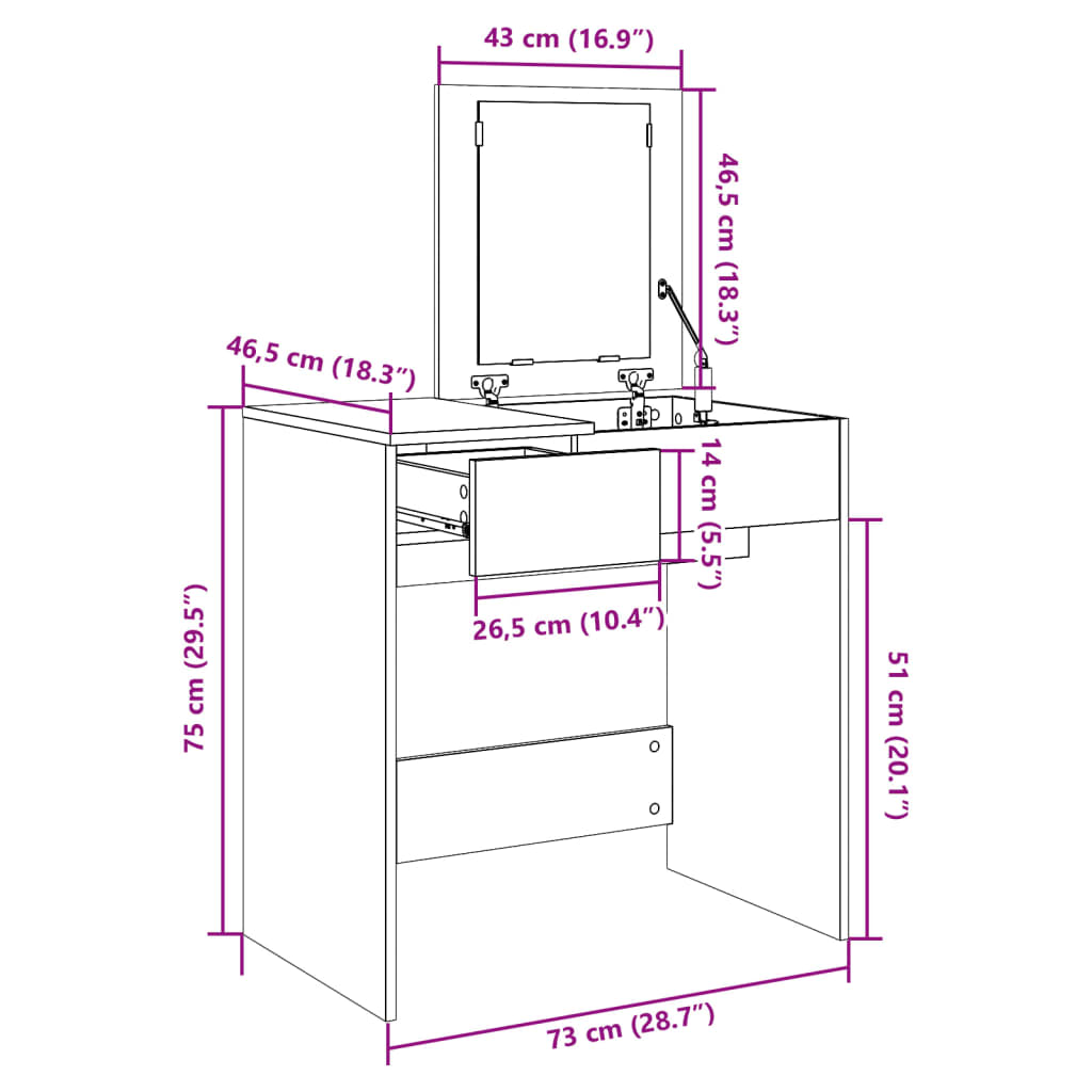 vidaXL Dressing Table with Mirror Brown Oak 73x46.5x120 cm