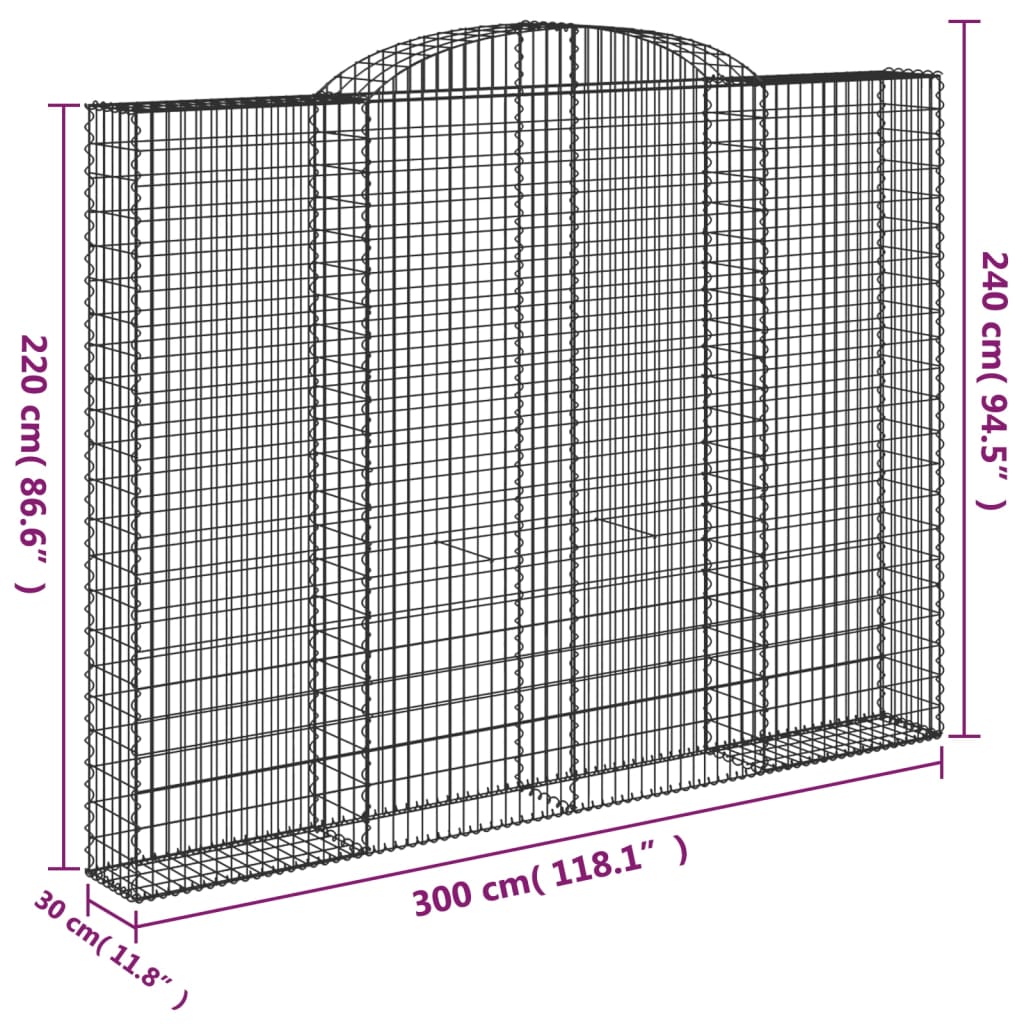 vidaXL Arched Gabion Basket 300x30x220/240 cm Galvanised Iron