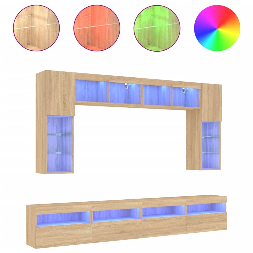 vidaXL 8 Piece TV Wall Cabinet Set with LED Lights Sonoma Oak