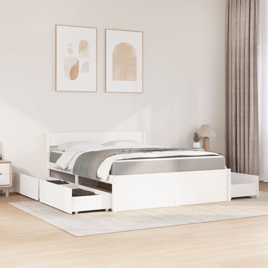 vidaXL Bed with Drawers and Mattress White 160x200 cm Solid Wood Pine