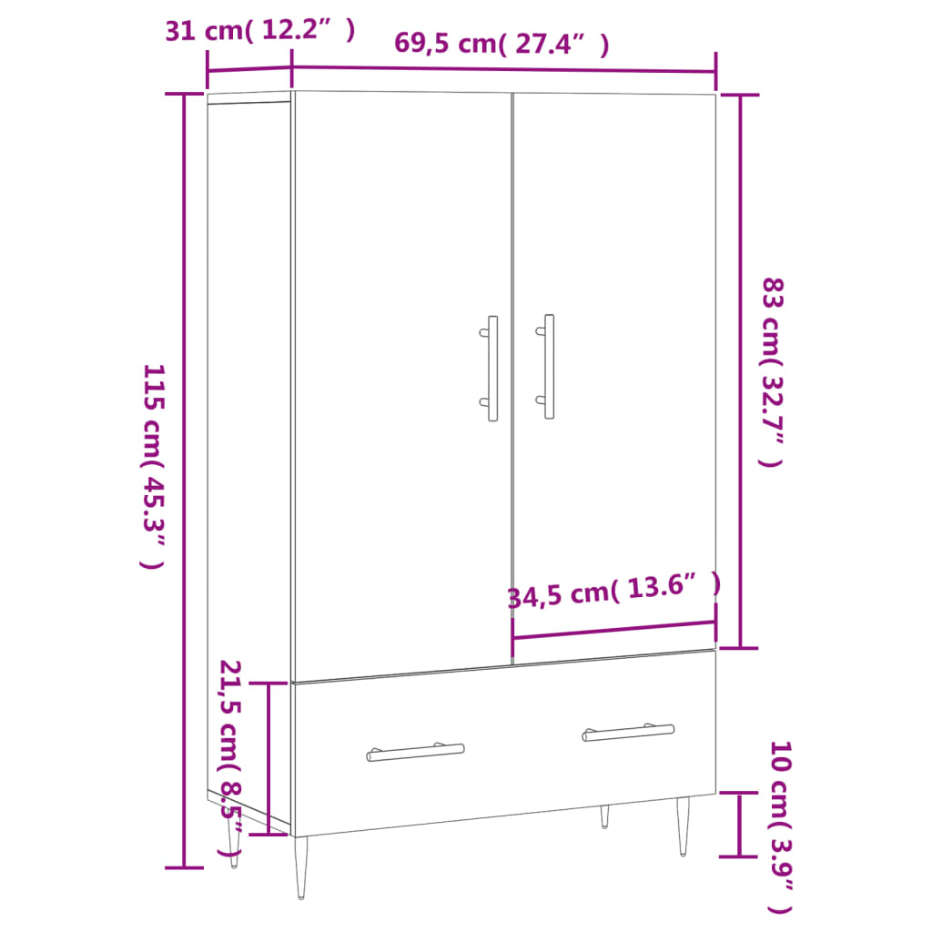 vidaXL Highboard Grey Sonoma 69.5x31x115 cm Engineered Wood