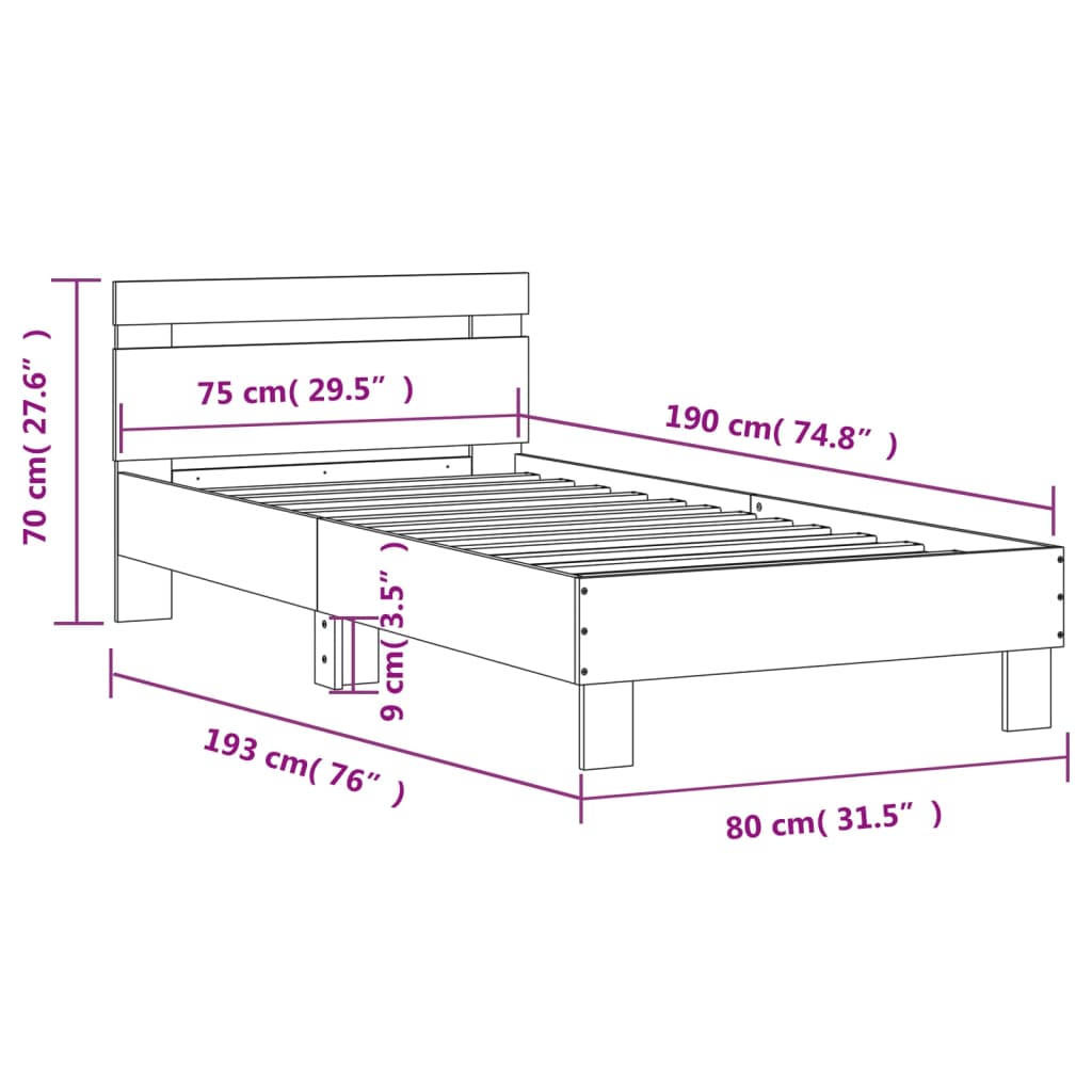 vidaXL Bed Frame without Mattress with Headboard Concrete Grey 75x190 cm Small Single