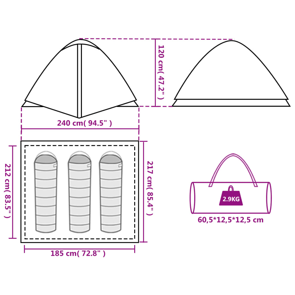 vidaXL Camping Tent Dome 3-Person Orange Waterproof