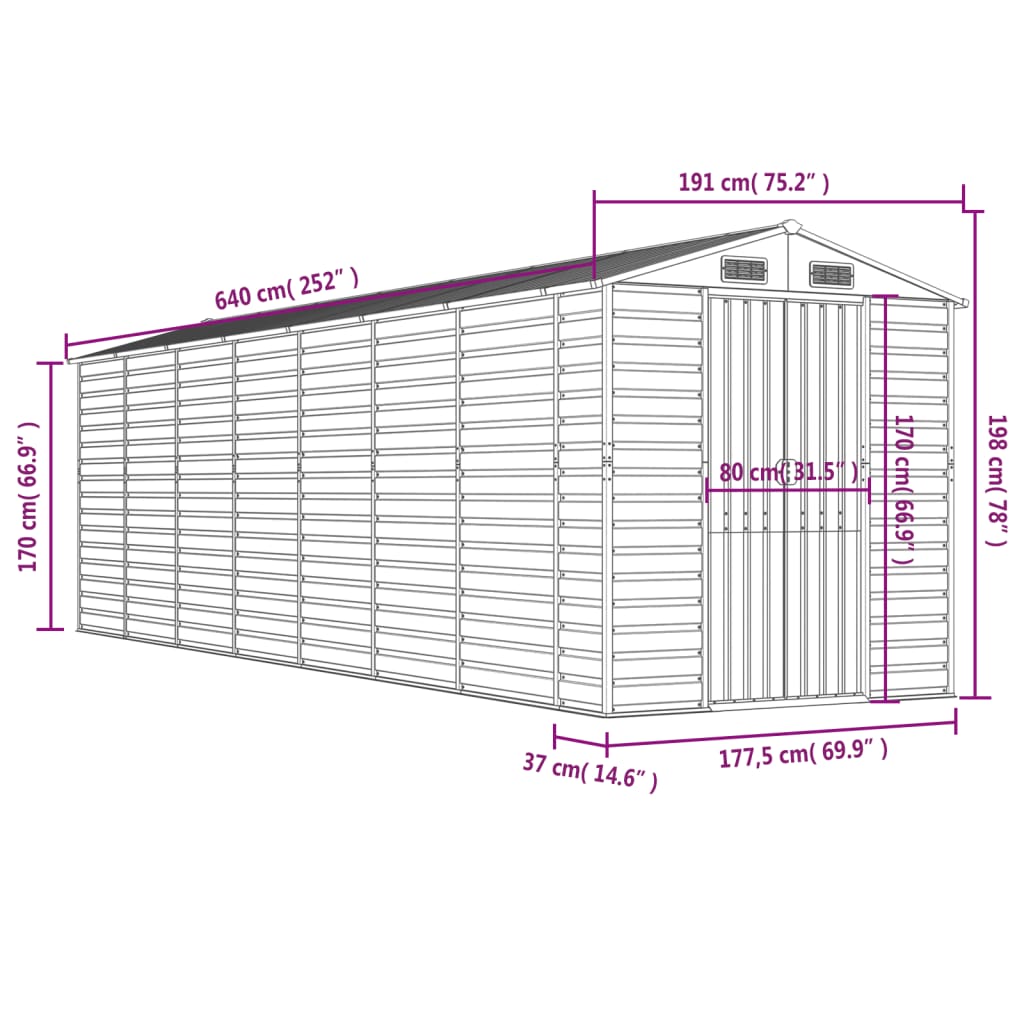 vidaXL Garden Shed Brown 191x640x198 cm Galvanised Steel