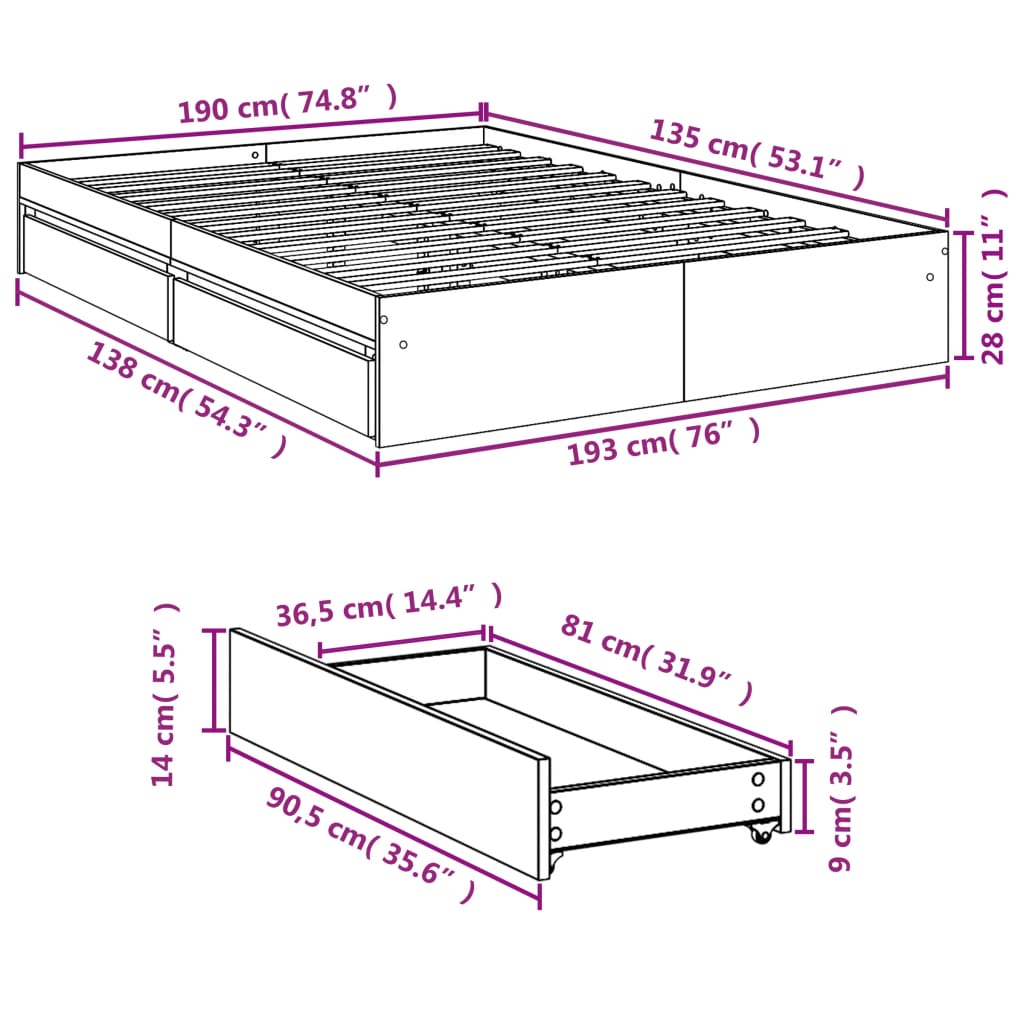 vidaXL Bed Frame with Drawers without Mattress Black 135x190 cm Double