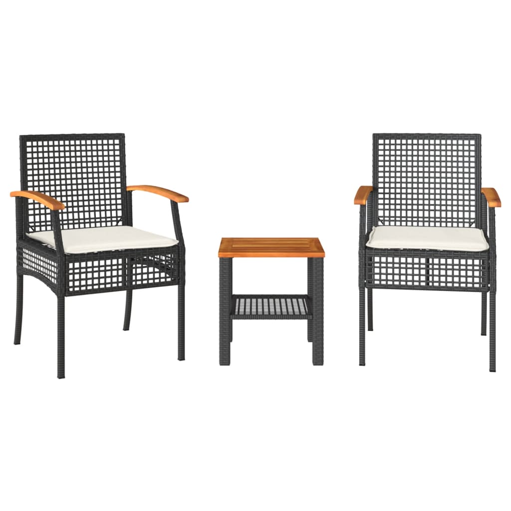 vidaXL 3 Piece Bistro Set with Cushions Black Poly Rattan Acacia Wood