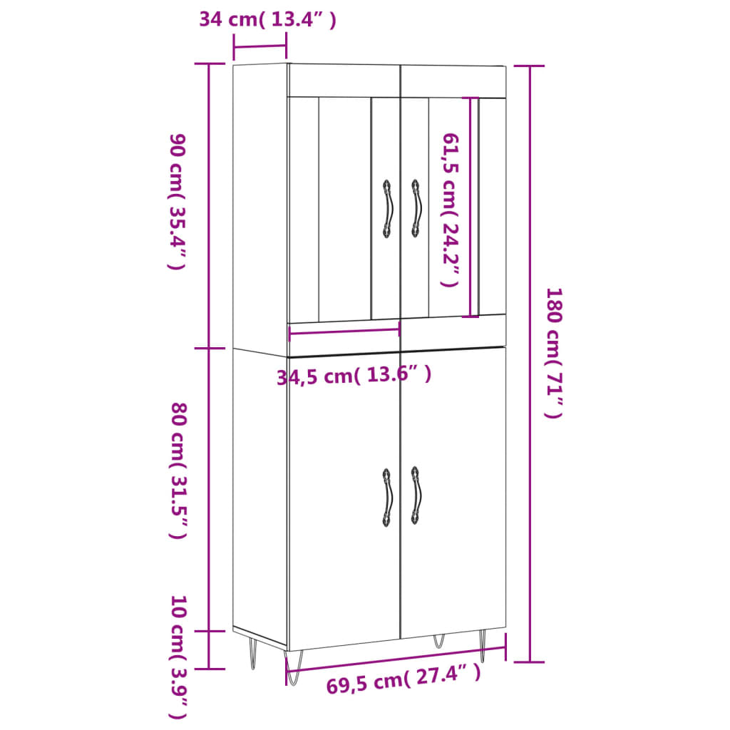 vidaXL Highboard Black 69.5x34x180 cm Engineered Wood