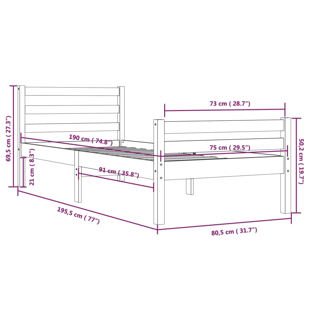 vidaXL Bed Frame without Mattress Black Solid Wood 75x190 cm Small Single