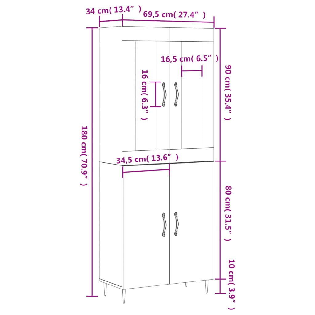 vidaXL Highboard High Gloss White 69.5x34x180 cm Engineered Wood