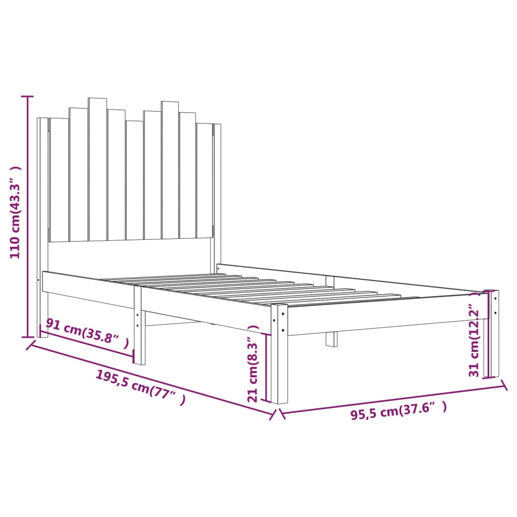 vidaXL Bed Frame without Mattress Black Solid Wood Single